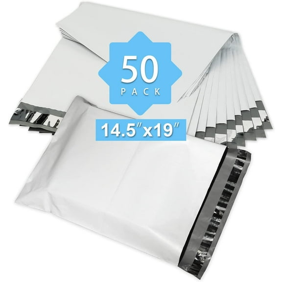 Reliable Mailer 14.5x19 Inch 50Pcs White Poly Mailers Bulk Envelopes Shipping Bags Self Seal Adhesive Waterproof and Tear-Proof Postal Expandable Polyethylene