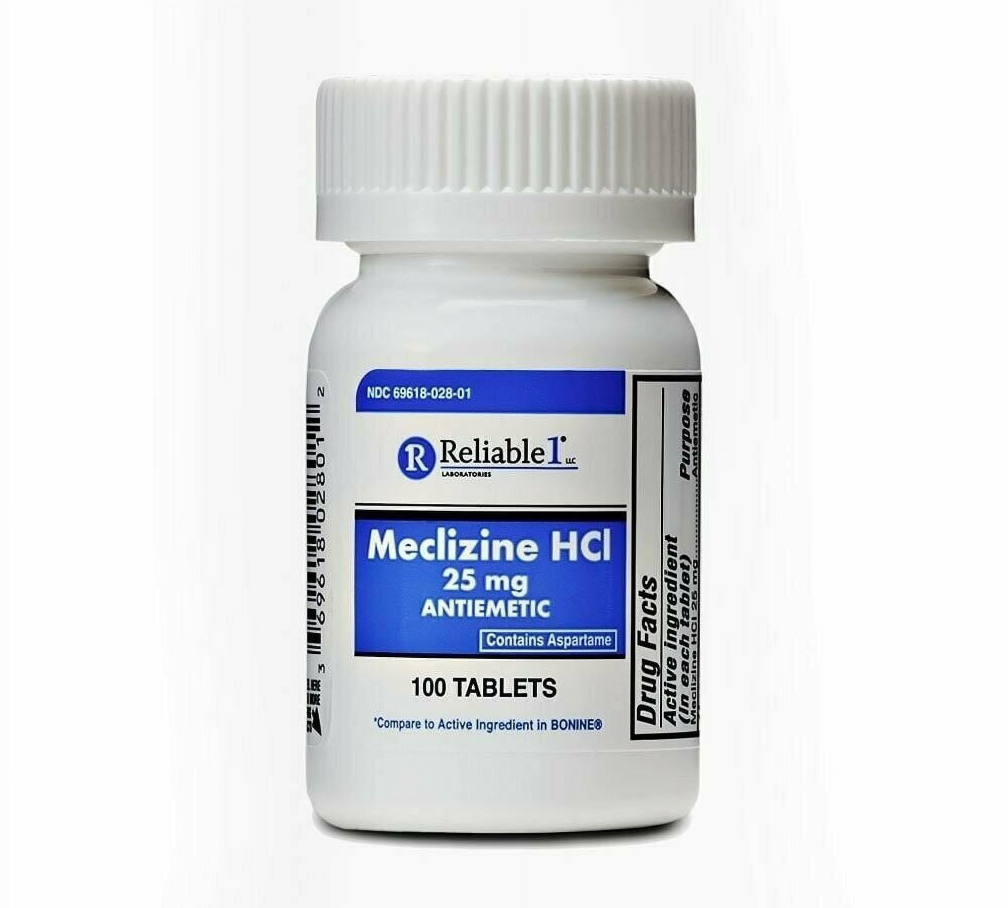 Reliable1 Meclizine HCL 25 mg Antiemetic Tablets, Contains Aspartame 100 Count, 3 Pack