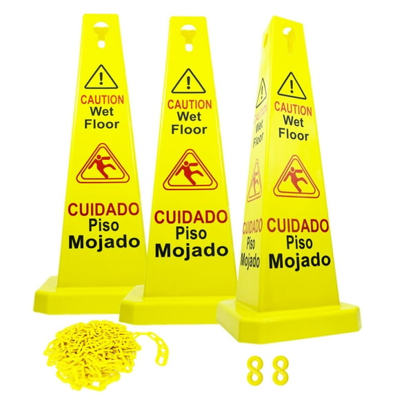 Reliable1st 3 Packs 26Caution Wet Floor Cones Signs | Slippery Sign | with 13 feet Yellow Plastic Barrier Chain | Cuadado Piso Mojado| Wet Floor Sign