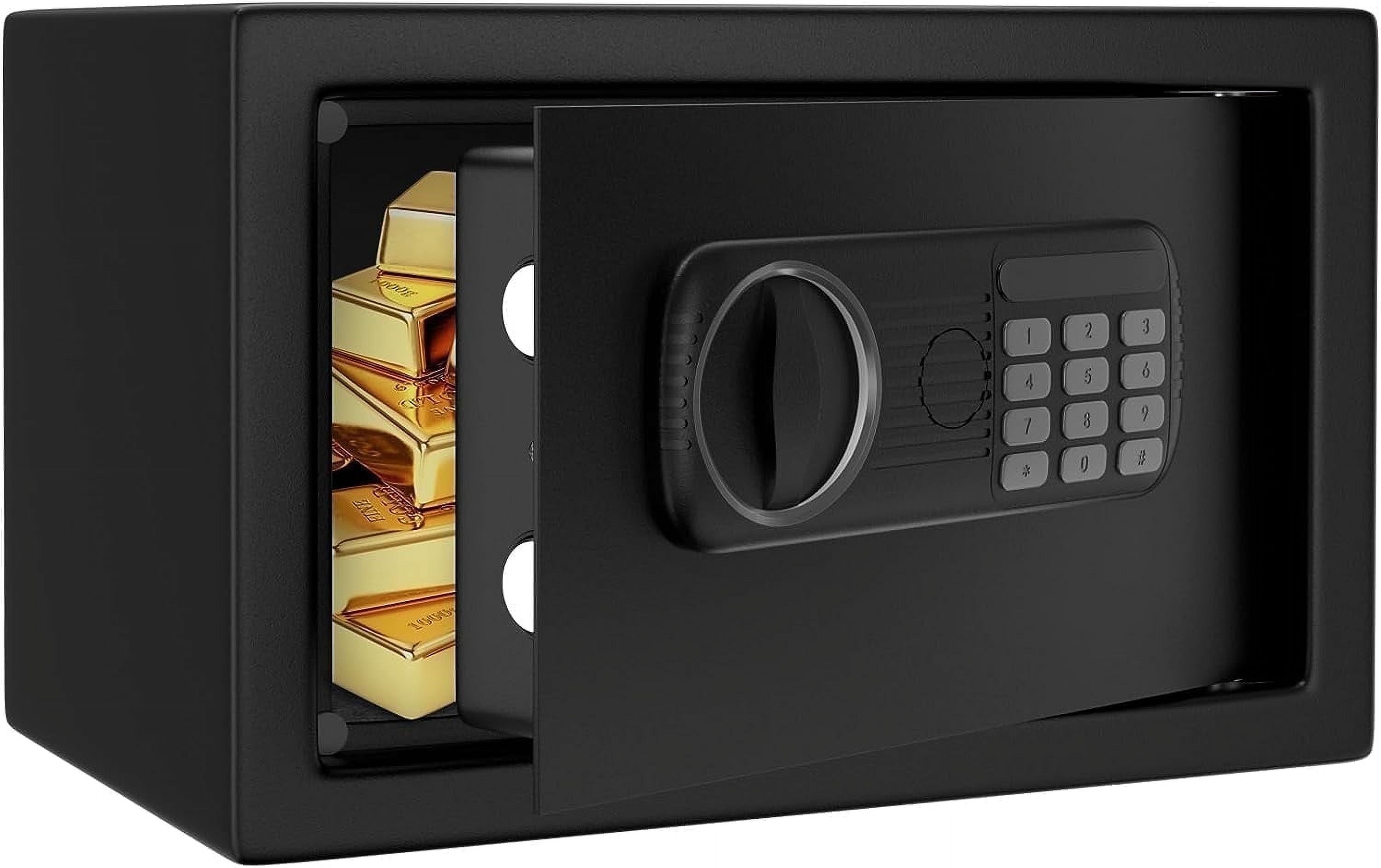 Walmart discounts of Reliancer 0.44 Cu.ft Home Safe Box with Combination Lock, Sensor Light, Mini Safe Lock Box with Key, Felt Lining for Jewelry Home Office Hotel Valuables Use Storage