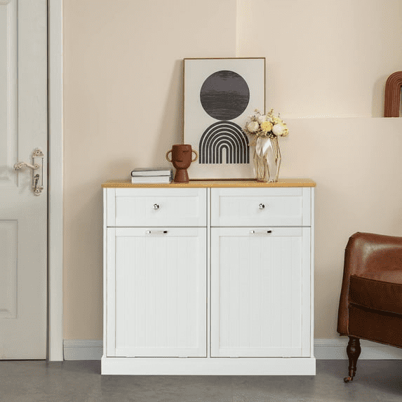 Reliancer 20 Gallon Tilt-Out Trash Can Cabinet with Hideaway Drawer, Double Kitchen Trash Cabinet, Wooden Free Standing Garbage Recycling Cabinet, Laundry Hamper Cabinet, Storage Drawer Units