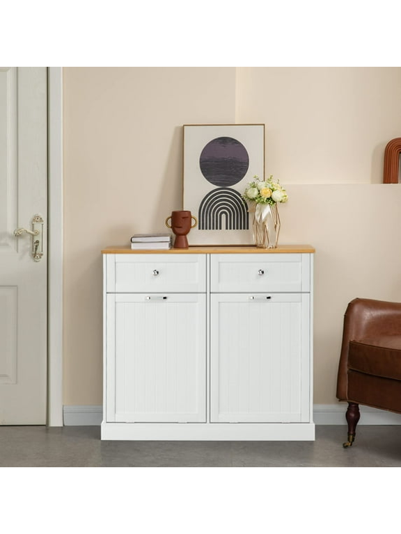 20 Gallon Tilt-Out Trash Can Cabinet with Hideaway Drawer, Double Kitchen Trash Cabinet, Wooden Free Standing Garbage Recycling Cabinet, Laundry Hamper Cabinet, Storage Drawer Units