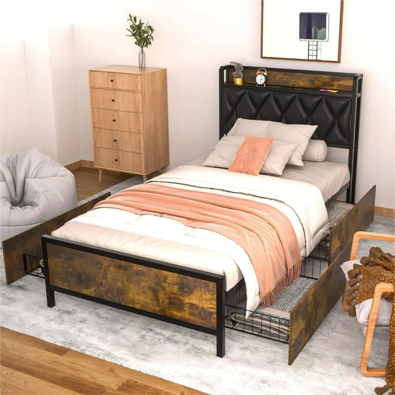 Reliancer 4 Storage Drawers Twin-XL Bed Frame with Charging Station, No Box Spring Required