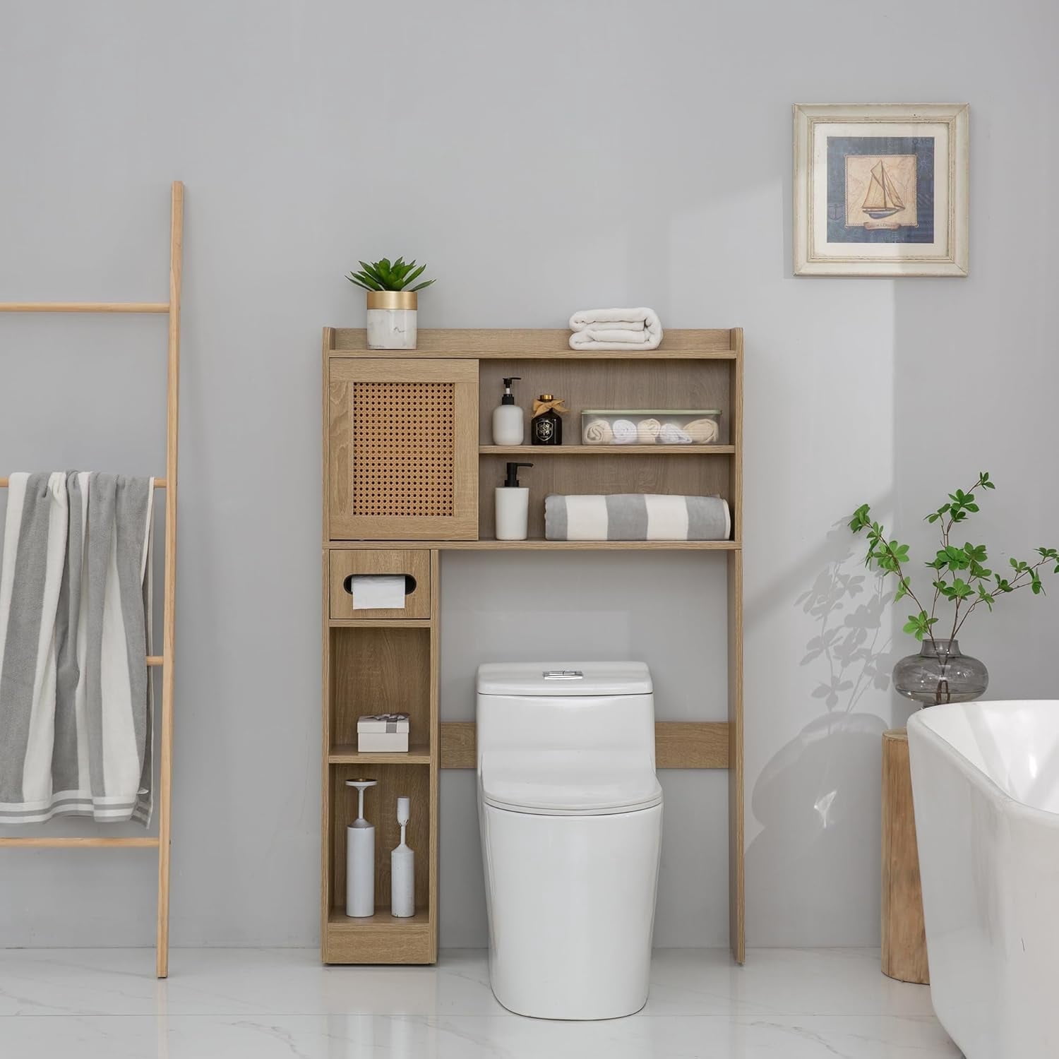 Reliancer 6-Tier Over The Toilet Storage Cabinet, Bathroom Space Saver Organizer Shelves with Sliding Door, Adjustable Shelves