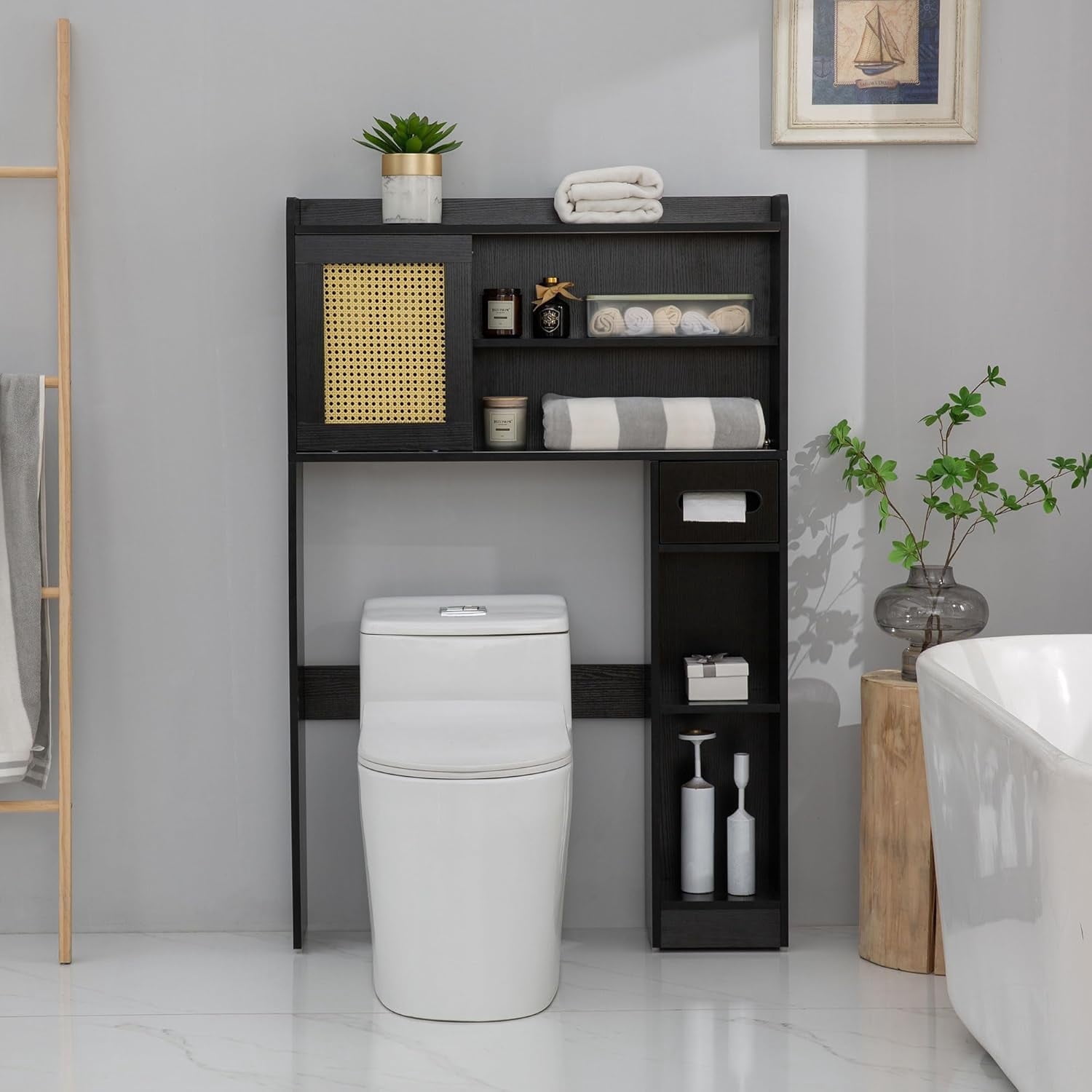 Reliancer 6-Tier Over The Toilet Storage Cabinet, Bathroom Space Saver Organizer Shelves with Sliding Door, Adjustable Shelves