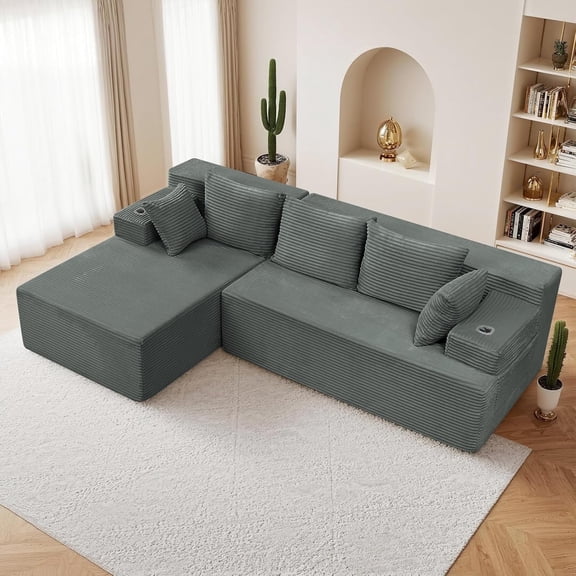 Reliancer Cloud Sectional Couch with L Shaped Chaise, 96.8" Modern Modular Sofa with 5 Pillows, Boneless Corduroy Upholstered Deep Seat Couches for Living Room Bedroom, Dark Gray, Left