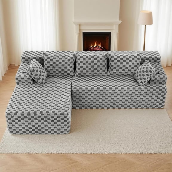 Reliancer Cloud Sectional Couch with L Shaped Chaise, 96.8" Modern Modular Sofa with 5 Pillows, Boneless Corduroy Upholstered Deep Seat Couches for Living Room Bedroom, Gray grid, Left
