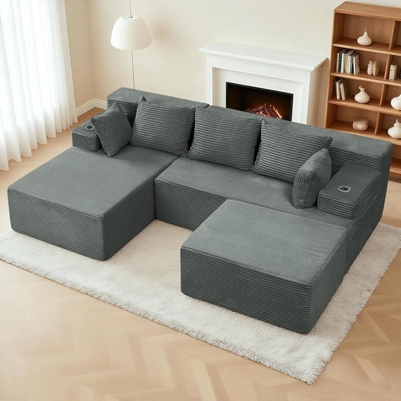 Reliancer Cloud Sectional Couch with Convertible U Shaped Couch, 96.8" Modern Modular Sofa with 5 Pillows, Boneless Corduroy Upholstered Deep Seat Couches for Living Room Bedroom, Dark Gray, Left
