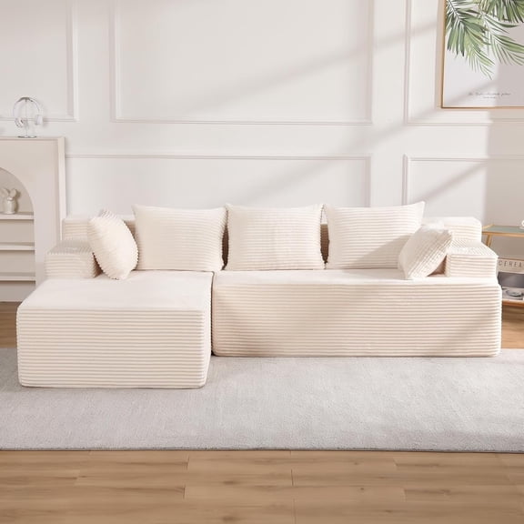 Reliancer Cloud Sectional Couch with L Shaped Chaise, 96.8" Modern Modular Sofa with 5 Pillows, Boneless Corduroy Upholstered Deep Seat Couches for Living Room Bedroom, Beige, Left