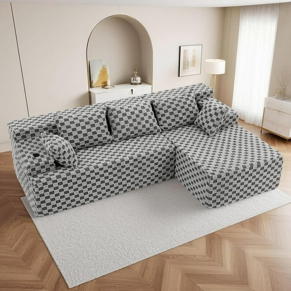 Reliancer Cloud Sectional Couch with L Shaped Chaise, 96.8" Modern Modular Sofa with 5 Pillows, Corduroy Upholstered Deep Seat Couches for Living Room Bedroom, Gray grid, Right