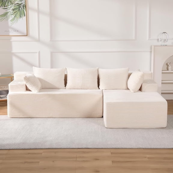 Reliancer Cloud Sectional Couch with L Shaped Chaise, 96.8" Modern Modular Sofa with 5 Pillows, Boneless Corduroy Upholstered Deep Seat Couches for Living Room Bedroom, Beige, Right
