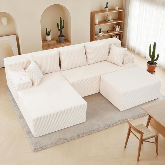 Reliancer Cloud Sectional Couch with Convertible U Shaped Couch, 96.8" Modern Modular Sofa with 5 Pillows, Boneless Corduroy Upholstered Deep Seat Couches for Living Room Bedroom, Beige Left