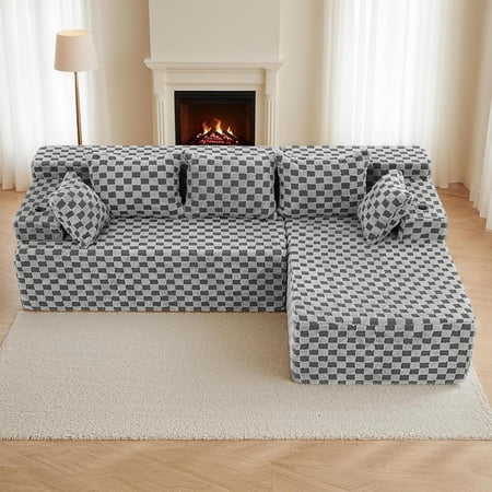Reliancer Cloud Sectional Couch with L Shaped Chaise, 96.8" Modern Modular Sofa with 5 Pillows, Boneless Corduroy Upholstered Deep Seat Couches for Living Room Bedroom, Gray grid, Right
