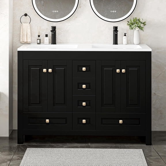 Reliancer Bathroom Vanity with Double Sink , Modern Thickened Bathroom Storage Cabinet, 48 inch, Black