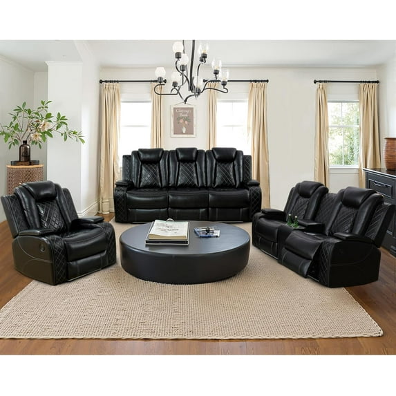 Reliancer Black Leather Recliner Sofa Set Loveseat Chair Furniture Sofa Set for Living Room/Small Space/Rv/House/Office/Theater Seating, Living Room Furniture Set