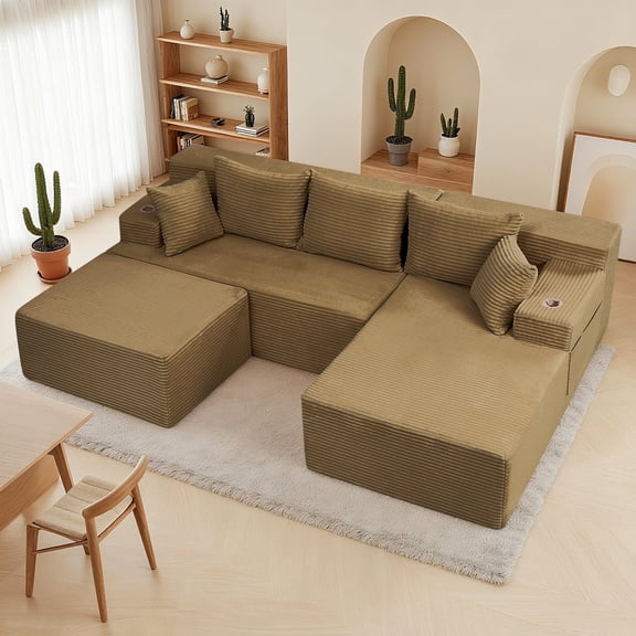 Reliancer Cloud Sectional Couch with Convertible U Shaped Couch, 96.8" Modern Modular Sofa with 5 Pillows, Boneless Corduroy Upholstered Deep Seat Couches for Living Room Bedroom, Brown, Right