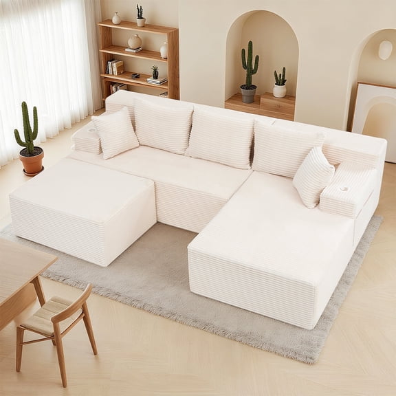Reliancer Cloud Sectional Couch with Convertible U Shaped Couch, 96.8" Modern Modular Sofa with 5 Pillows, Boneless Corduroy Upholstered Deep Seat Couches for Living Room Bedroom, Beige Right