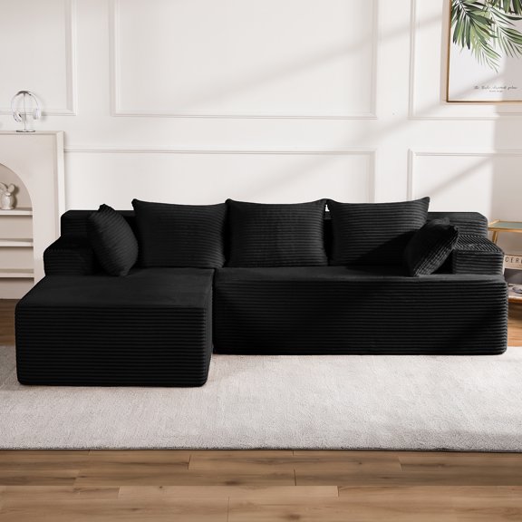 Reliancer Cloud Sectional Couch with L Shaped Chaise, 96.8" Modern Modular Sofa with 5 Pillows, Boneless Corduroy Upholstered Deep Seat Couches for Living Room Bedroom, Black, Left