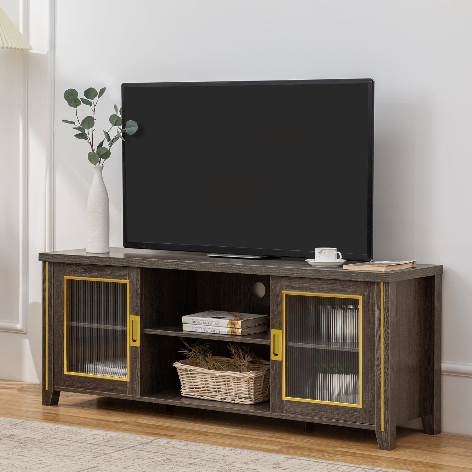 Reliancer Farmhouse TV Stand for Living Room, Modern Media Entertainment Center for TVs up to 65”, Tv Console Table