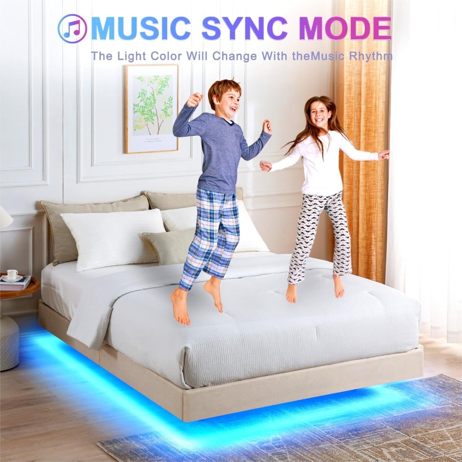 Reliancer Full Size Floating Bed Frame with LED Lights, Modern Upholstered Full Platform Bed Frame, No Headboard, No Box Spring Needed, Easy to Assemble