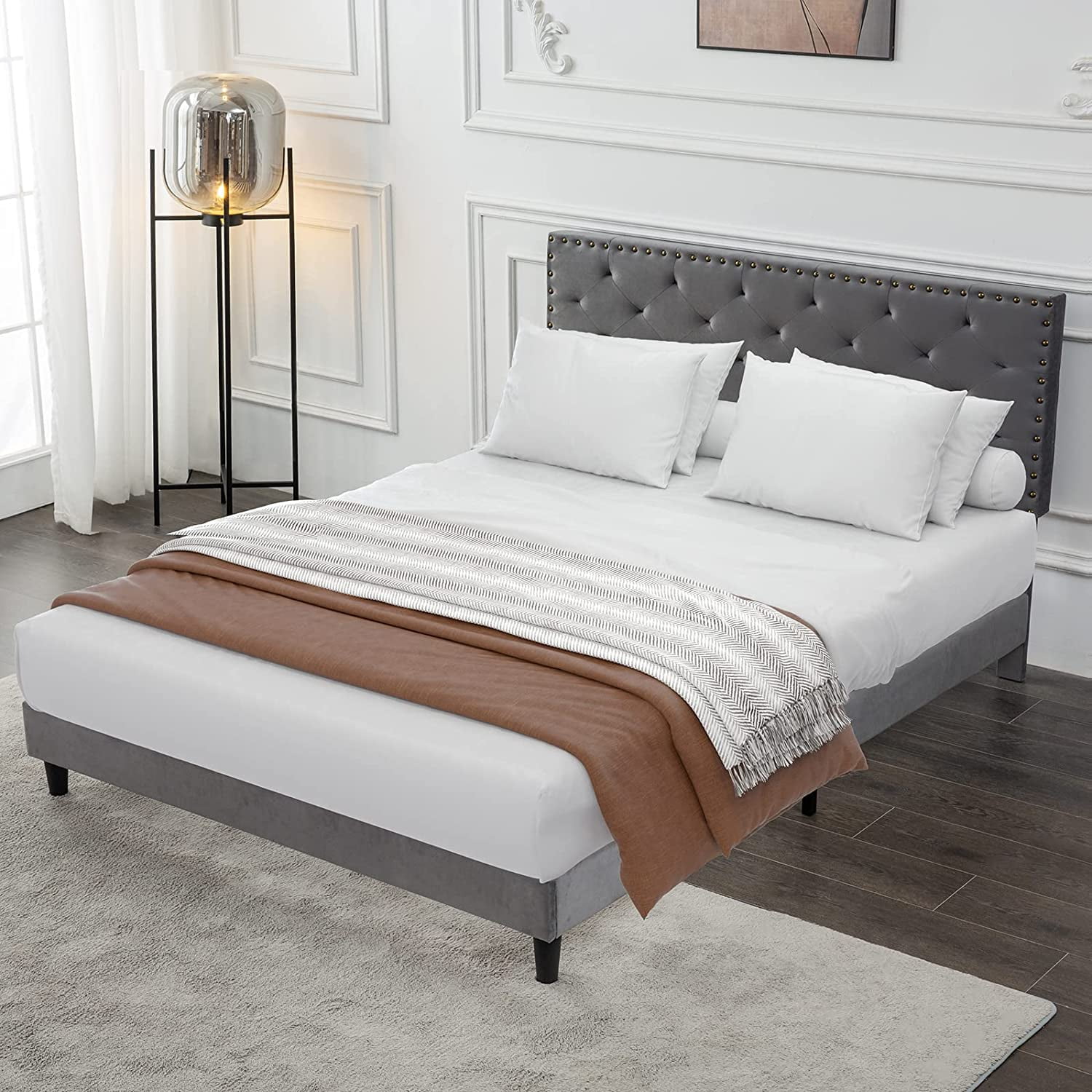 Reliancer Queen Size Velvet Bed Frame Upholstered Platform Bed with Adjustable Tufted Headboard Rivet Ornament Wood Slat Support No Box Spring
