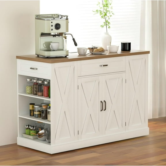 Reliancer Kitchen Island with Storage and Wheels, Kitchen Cart with 2 Drawers & Adjustable Shelves, Rolling Island Table with Trash Can Storage & Power Outlet, for Kitchen and Dining Room