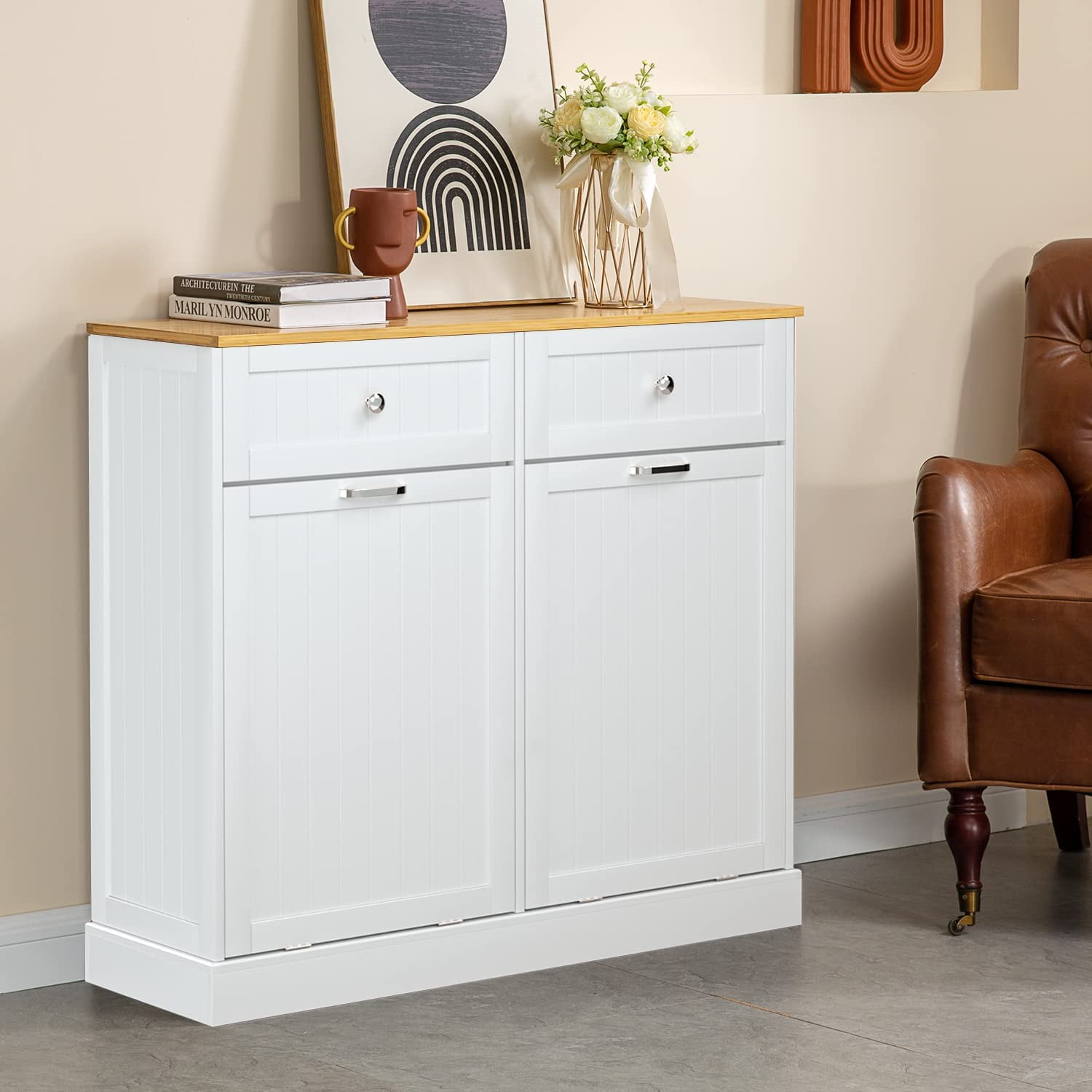Reliancer Kitchen Trash Cabinet Double Tilt Out Trash Cabinet with 2 Hideaway Drawers Solid Wood Tabletop Free Standing Recycling Cabinet Pet