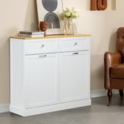 Reliancer Kitchen Trash Cabinet - Double Tilt Out Trash Cabinet with 2 Hideaway Drawers, Solid Wood Tabletop - Free Standing Recycling Cabinet - Pet Proof Trash Can Holder with Storage, White