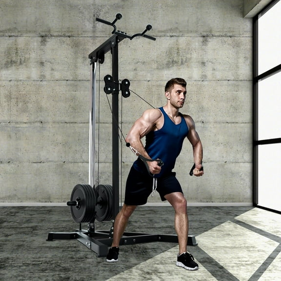 Reliancer LAT Pull Down and Low Row Cable Machine - 16 Height Adjustable Pulley System for Full Body Workout, Maximum Weight Capacity 400lbs, Perfect for Home Gym, Includes Additional Handle