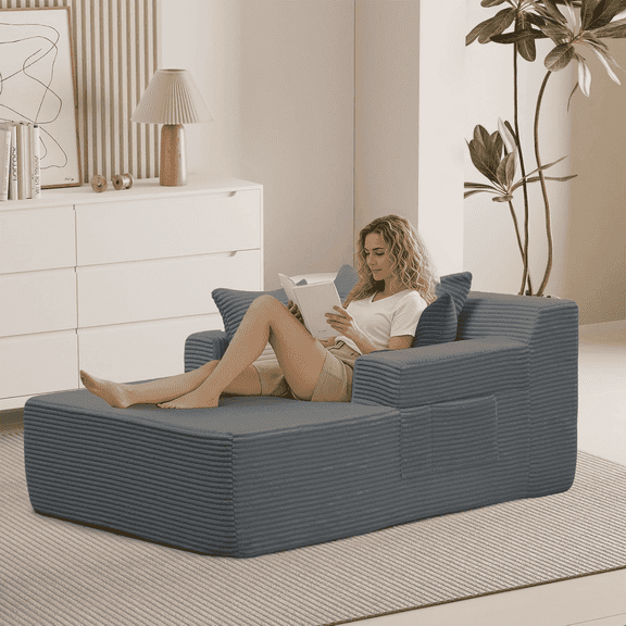 Reliancer Oversized Chaise Lounge Chair Indoor, Corduroy Upholstered Boneless Sofa Bed, Cloud Floor Sofa Bed, Comfy Sleeper Couch Reading Chairs for Bedroom Living Room, No Assembly