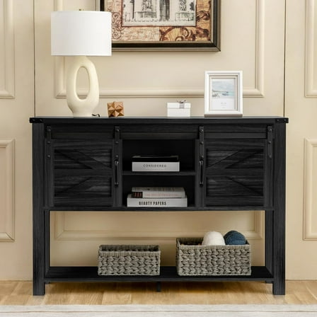 Reliancer Sliding Barn Doors Entryway Table, Sofa Table, Farmhouse Console Table with Adjustable Shelf, for Entry Way, Hallway, Living Room