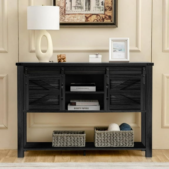Reliancer Sliding Barn Doors Entryway Table, Sofa Table, Farmhouse Console Table with Adjustable Shelf, for Entry Way, Hallway, Living Room