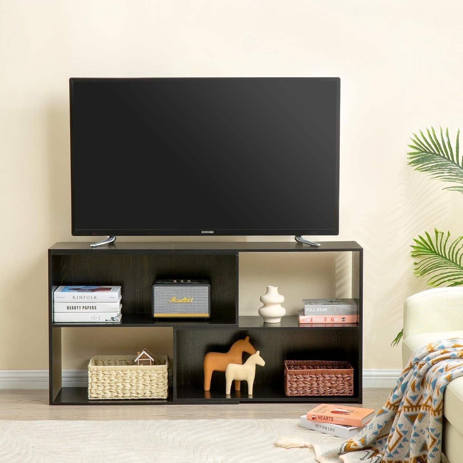 Reliancer TV Stand for TVs Up To 65‘’, Open Storage Shelf Cabinet, Corner TV Console Table, Black - Walmart.com