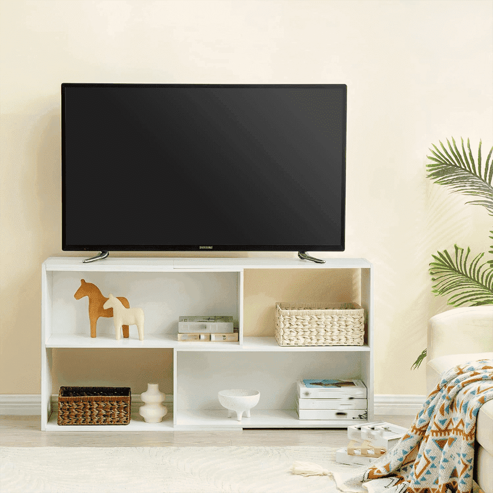 Reliancer TV Stand for TVs Up To 65‘’, Open Storage Shelf Cabinet, Corner TV Console Table, White