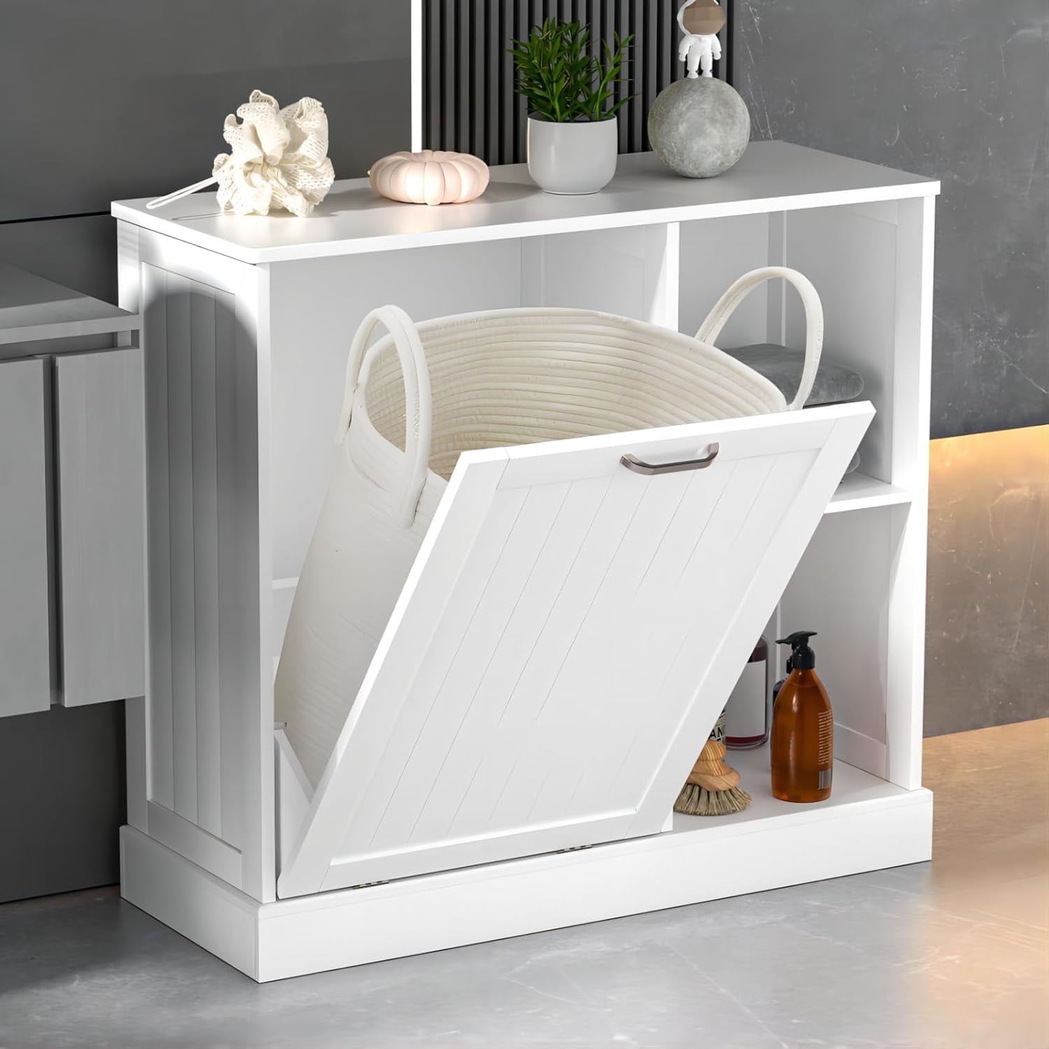 Reliancer Tilt Out Laundry Hamper Cabinet with Laundry Baskets Hamper, Bathroom Storage Cabinet Laundry Cabinets with Adjustable Shelves, 10 Gallon Tilt Out Trash Cabinet, for adults teenagers