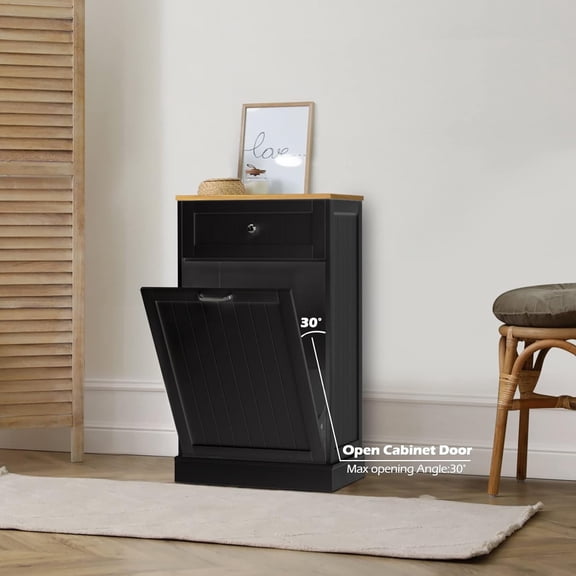 Reliancer Tilt Out Trash Can Cabinet with Hideaway Drawer, 10 Gallon Kitchen Free Standing Storage Can Holder Garbage Recycling Cabinet for Kitchen, Black