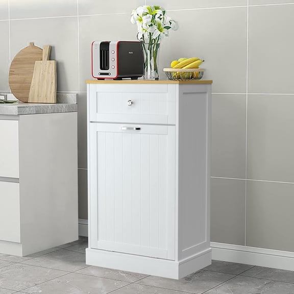Reliancer Tilt Out Trash Can Cabinet with Hideaway Drawer, 10 Gallon Kitchen Free Standing Storage Can Holder Garbage Recycling Cabinet for Kitchen, White