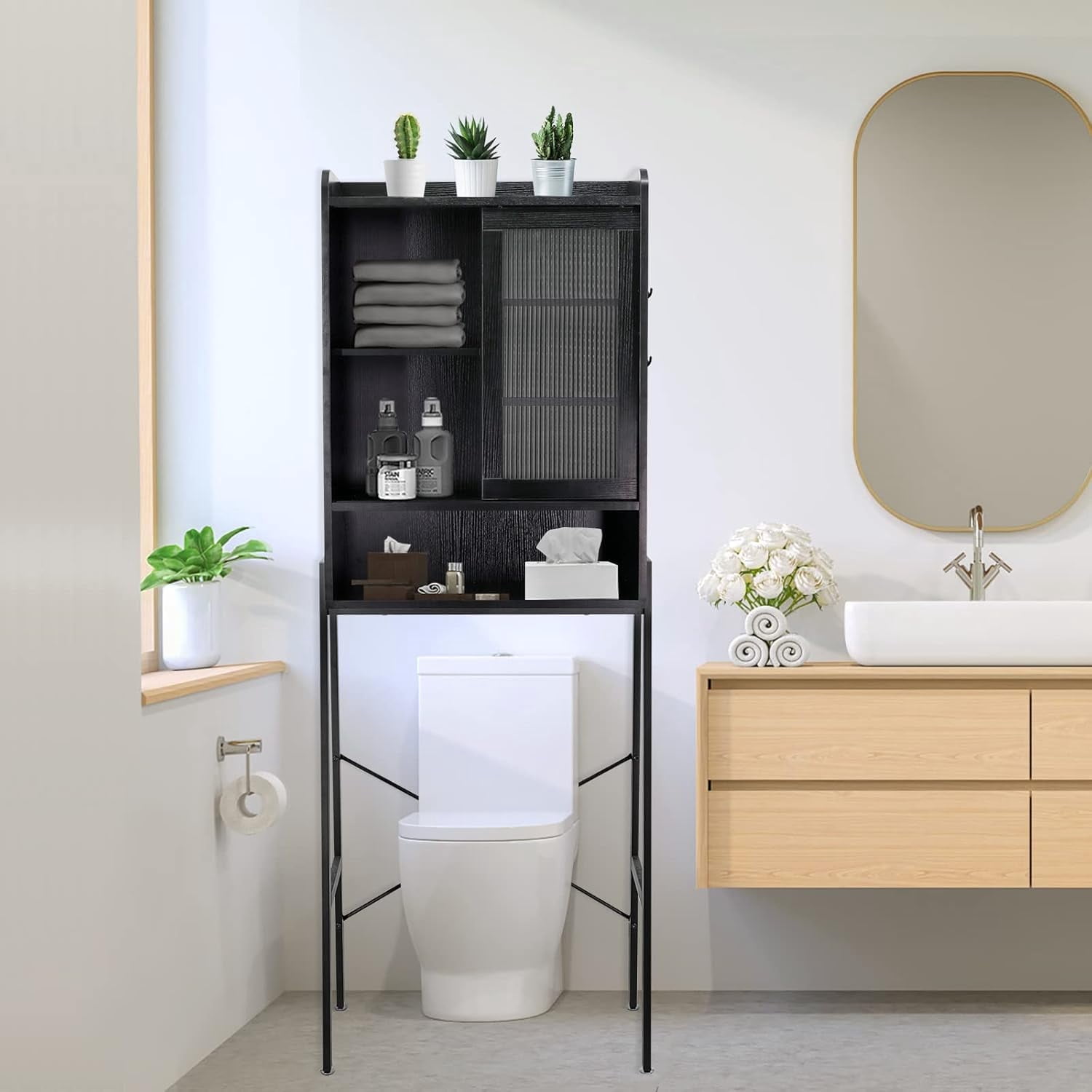 Reliancer Over The Toilet Storage Cabinet with Adjustable Shelves, Bathroom Space Saver Organizer Shelves, Freestanding Space Saver with Acrylic Sliding Door, Metal Frame, Black