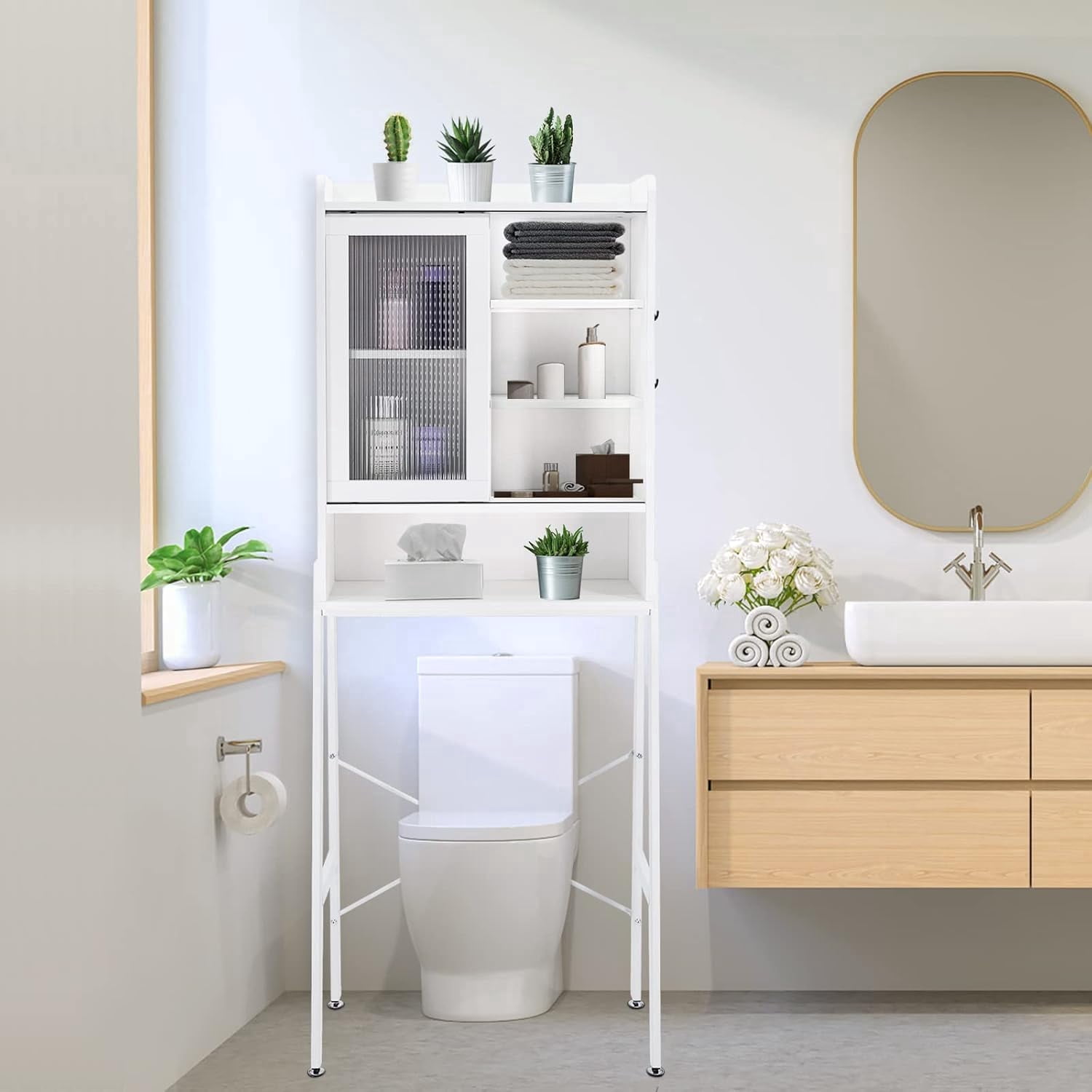 Reliancer Over The Toilet Storage Cabinet with Adjustable Shelves, Bathroom Space Saver Organizer Shelves, Freestanding Space Saver with Acrylic Sliding Door, Metal Frame, White