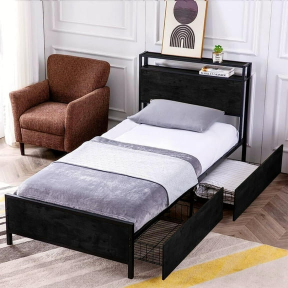 Reliancer Twin Size Bed Frame with 2 XL Storage Drawers, Platform Bed Frame with 2-Tier Headboard, Strong Metal Slat Support/No Box Spring Needed/Easy Assembly, for Teenagers Adults