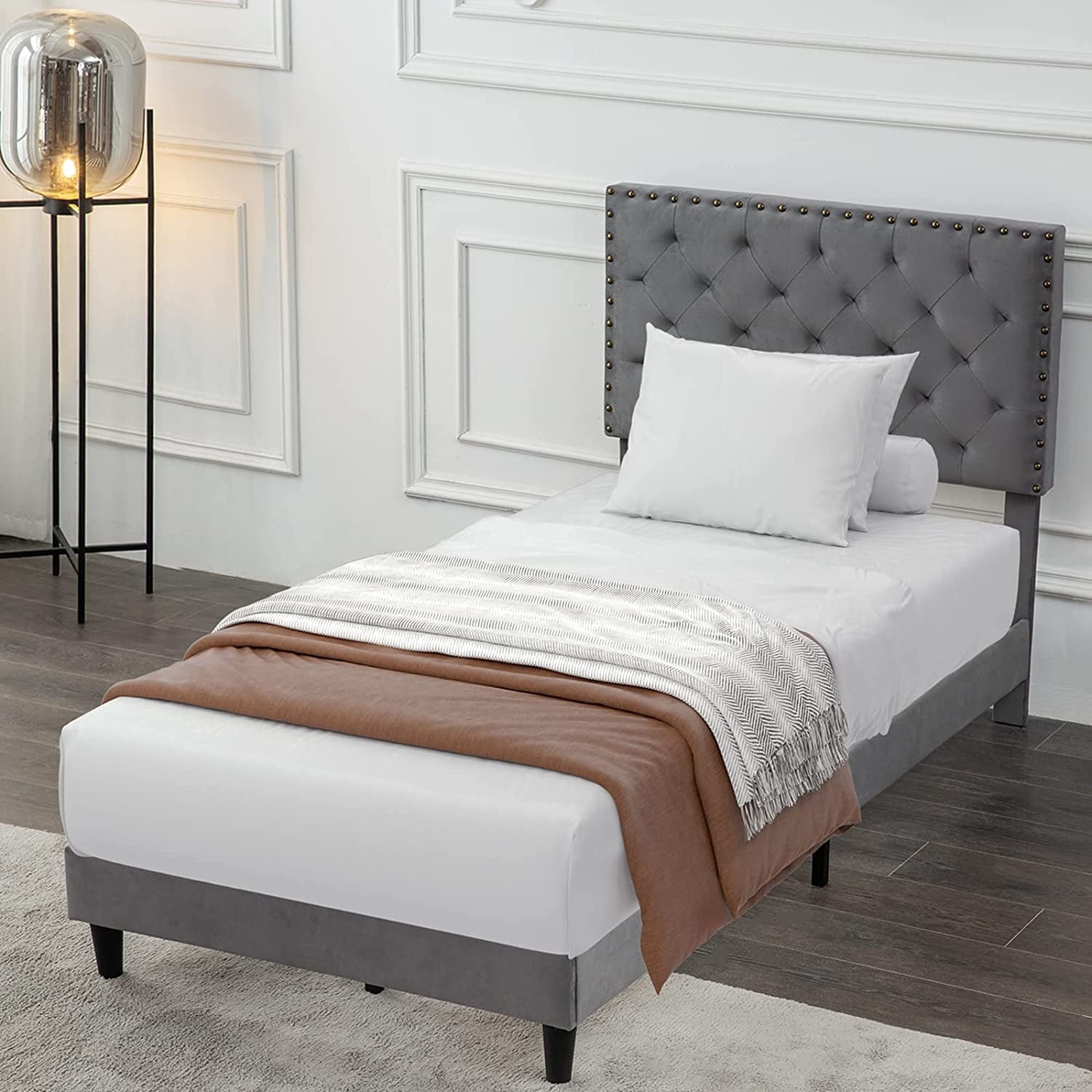 Reliancer Twin Size Velvet Bed Frame, Upholstered Platform Bed with Adjustable Tufted Headboard, Rivet Ornament, Wood Slat Support, No Box Spring Needed, Easy Assembly, Grey