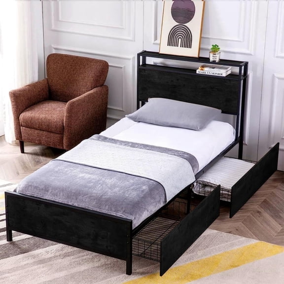 Reliancer Twin XL Black Platform Bed Frame, 2-Tier Storage Headboard, 2 Underbed Metal Storage Drawers, Heavy Duty Metal Slats, No Box Spring Needed