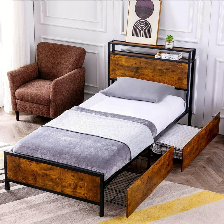 Reliancer Twin XL Bed Frame with 2 Storage Drawers Platform Bed Frame with 2 Tier Headboard