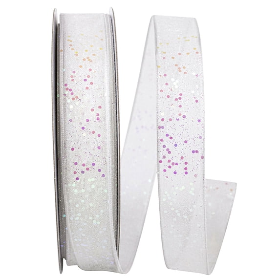 Reliant Ribbon - 25405W-030-03J, Sheer Sparkle Wired Edge Rd Ribbon, White, 5/8 Inch, 25 Yards