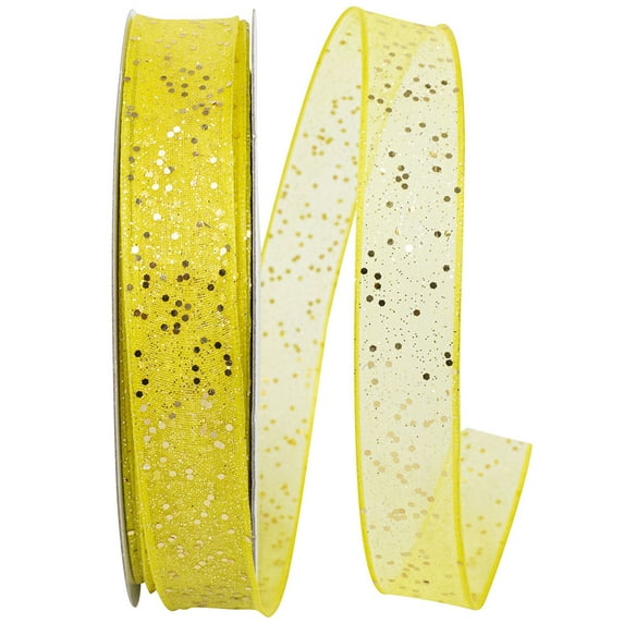 Reliant Ribbon - 25405W-079-03J, Sheer Sparkle Wired Edge Rd Ribbon, Yellow, 5/8 Inch, 25 Yards
