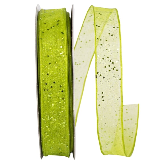 Reliant Ribbon - 25405W-204-03J, Sheer Sparkle Wired Edge Rd Ribbon, Lime, 5/8 Inch, 25 Yards