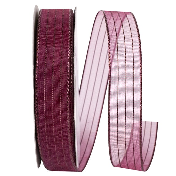 Reliant Ribbon - 2556-090-03J, Metallic Organza Stripe Ribbon, Burgundy, 5/8 Inch, 25 Yards