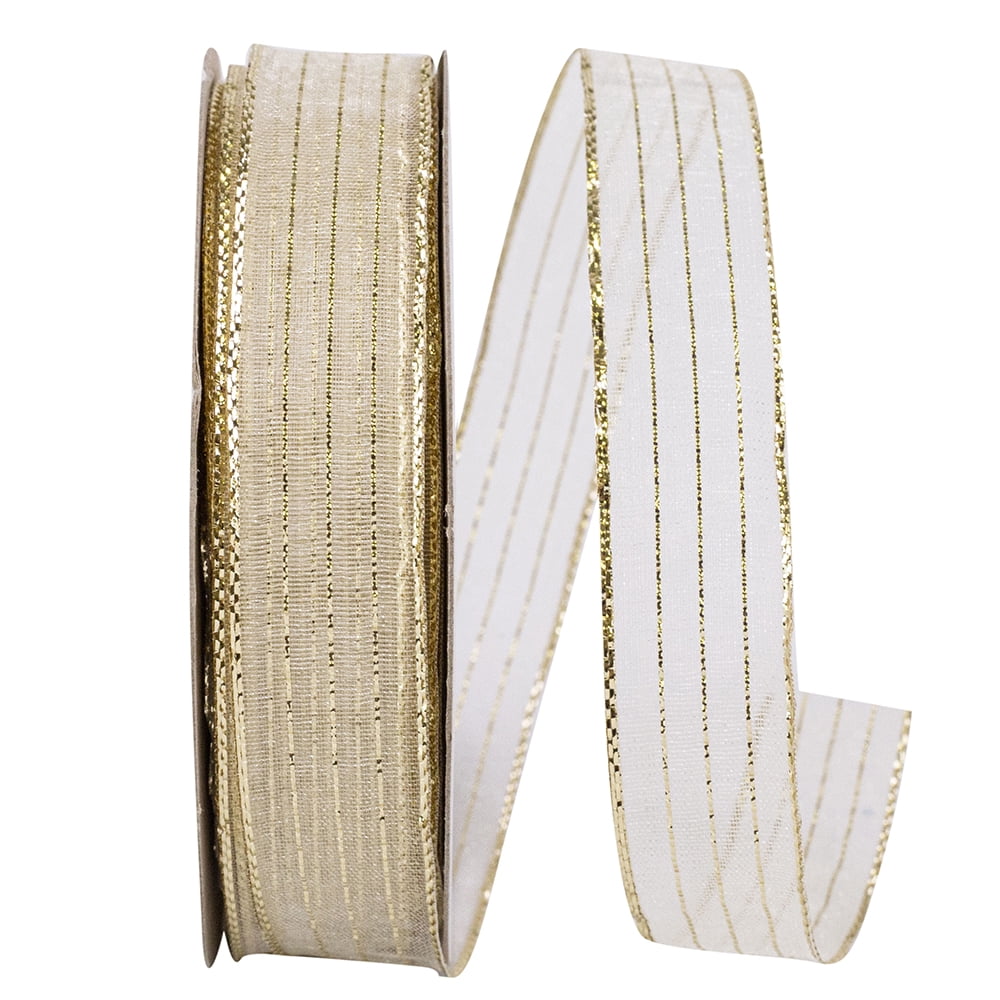 Reliance Ribbon Reliant Ribbon - 2556-992-03J, Metallic Organza Stripe Ribbon, Ivory ...