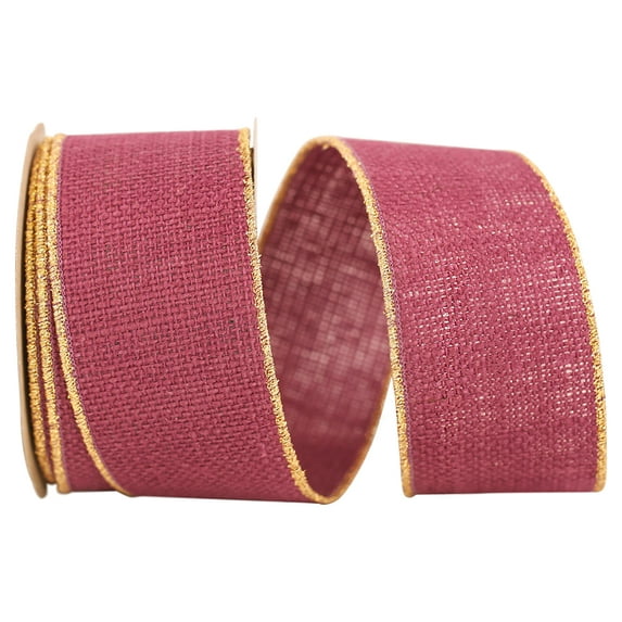 Reliant Ribbon - 3222M-090-40F, Burlap Wired Edge-gold Edge Ribbon, Burgundy, 2-1/2 Inch, 10 Yards
