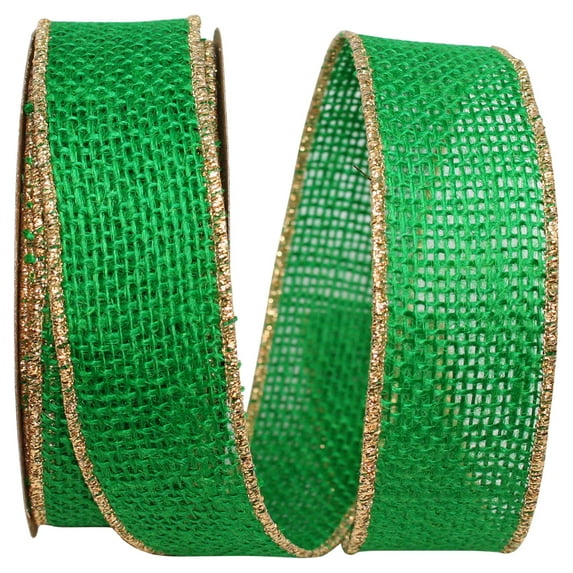 Reliant Ribbon - 3222M-510-09F, Burlap Wired Edge-gold Edge Ribbon, Emerald, 1-3/8 Inch, 10 Yards